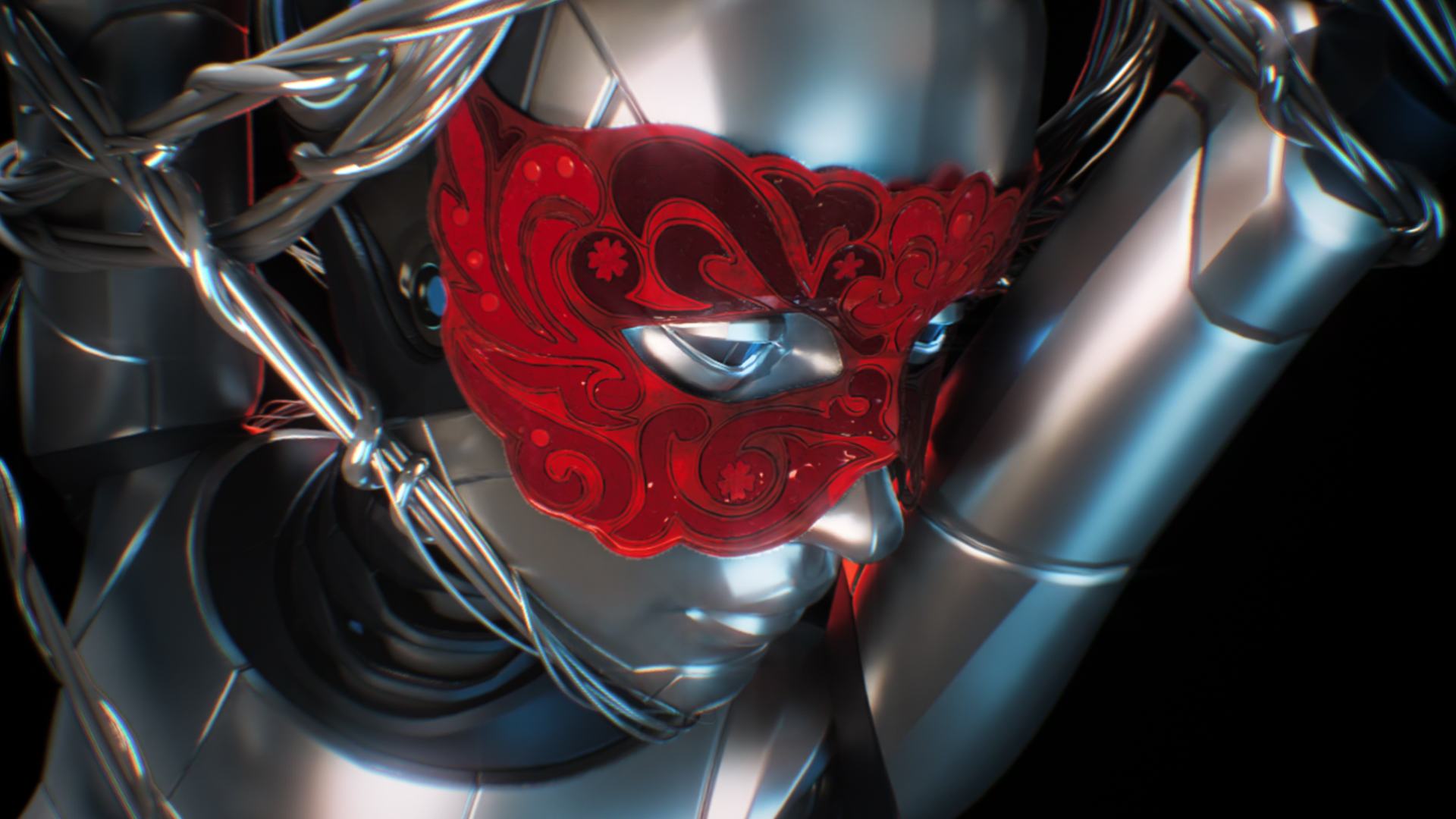 A sexy female android wearing a red mask and wrapped in barbed wire, closeup.