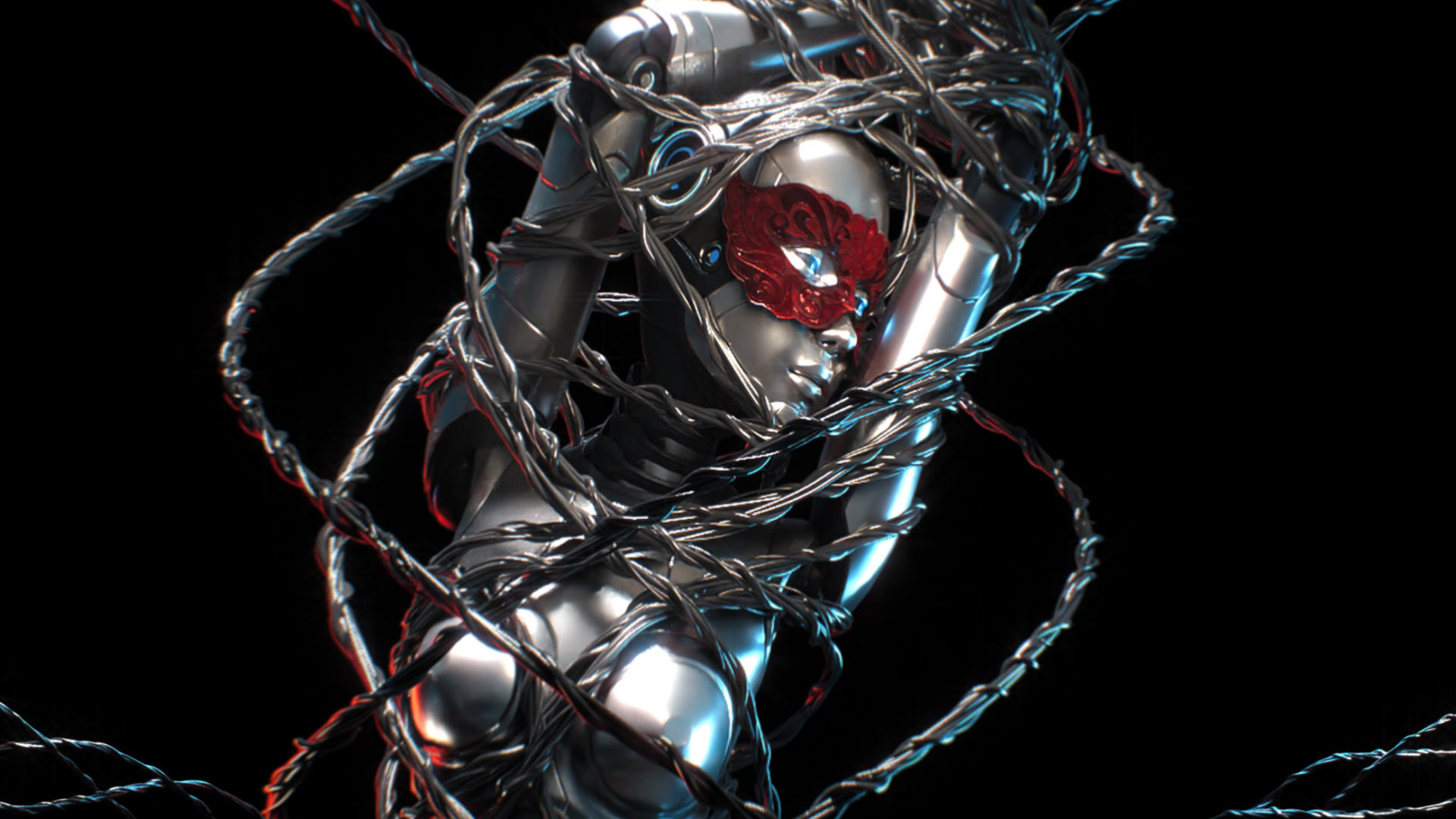 A sexy female android wearing a red mask and wrapped in barbed wire.