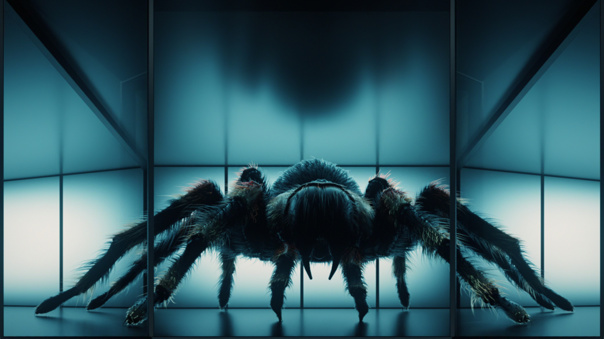 Giant spider inside aa clear glass case.