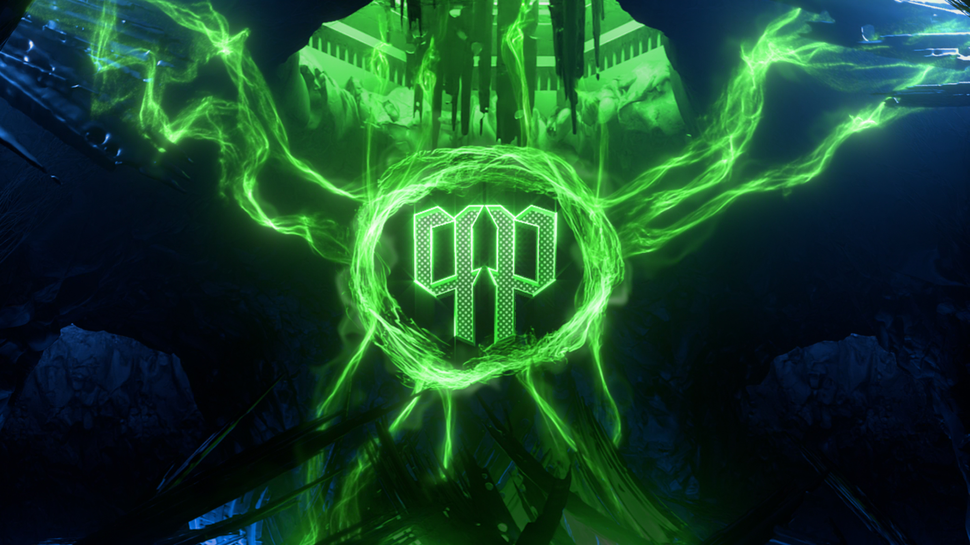 Peso Pluma's Doble P logo, glowing green inside a dark spider lair