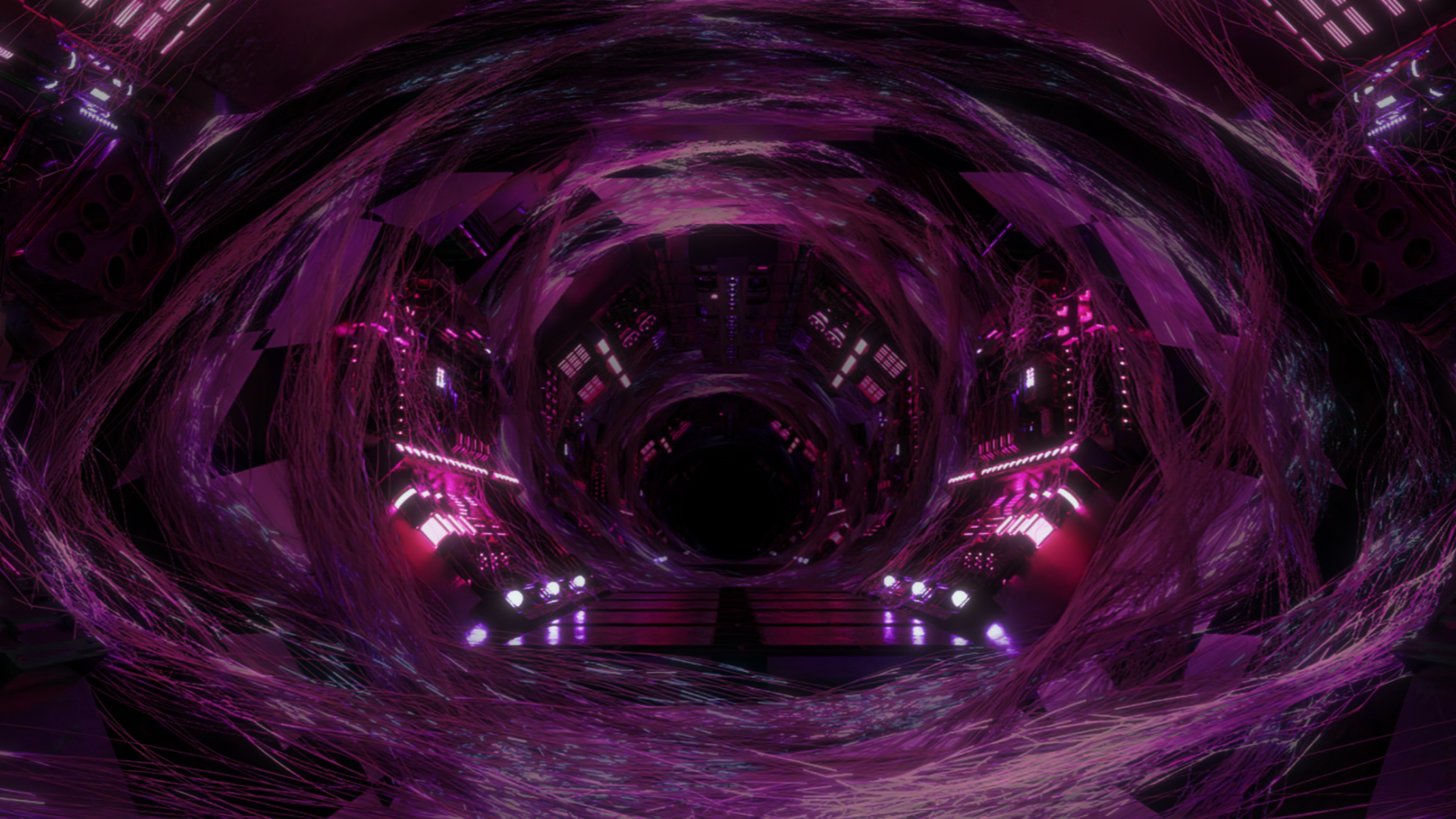 A sci-fi spider tunnel, featuring high tech sci-fi paneling intermixed with spider webs.
